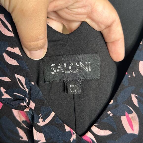 Saloni silk Aggie midi dress patterned with ruffles in navy blue and pink size 2 - Picture 5 of 8